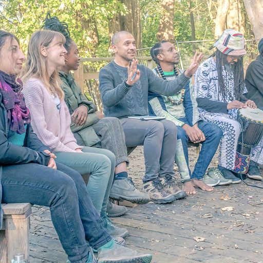 Group of people sat in circle in nature