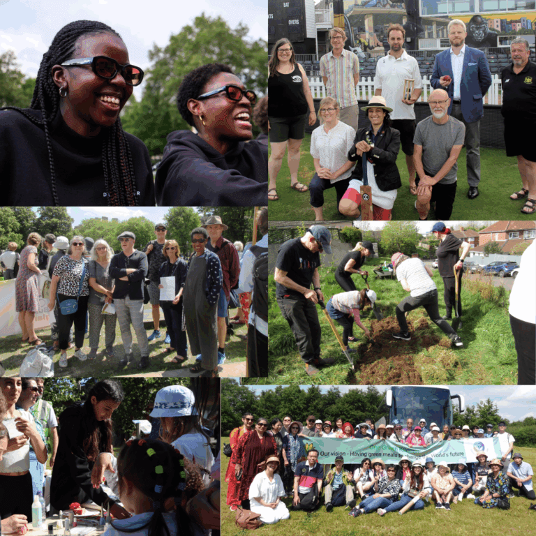 A selection of 6 images showing groups of people talking, gardening and posing in a group