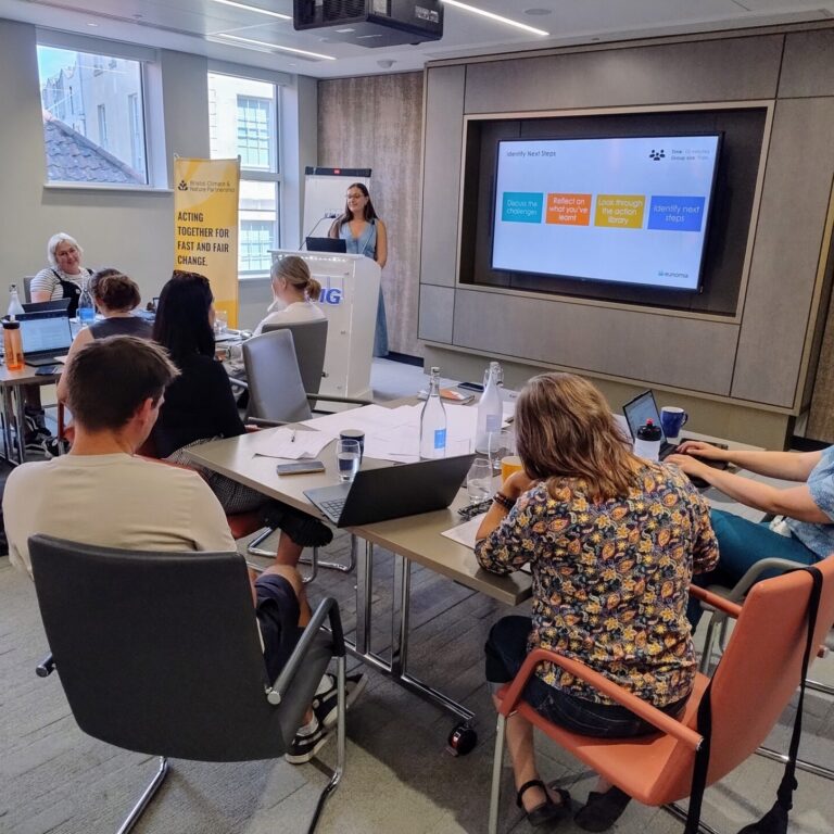 Group of people sitting around tables watching a presentation