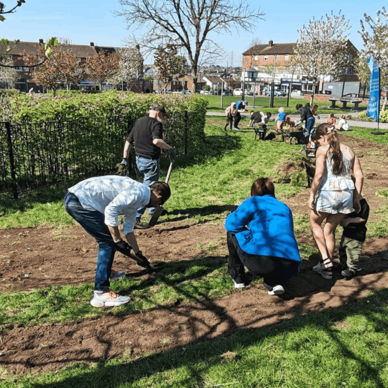 Group of people preparing the ground for planting in a residential area