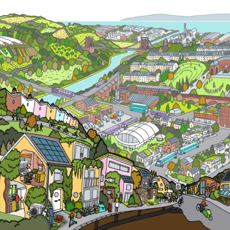 An illustration showing a thriving Bristol. In the foreground are houses with a person installing an air source heat pump. In the background is a river in the city centre and countryside.