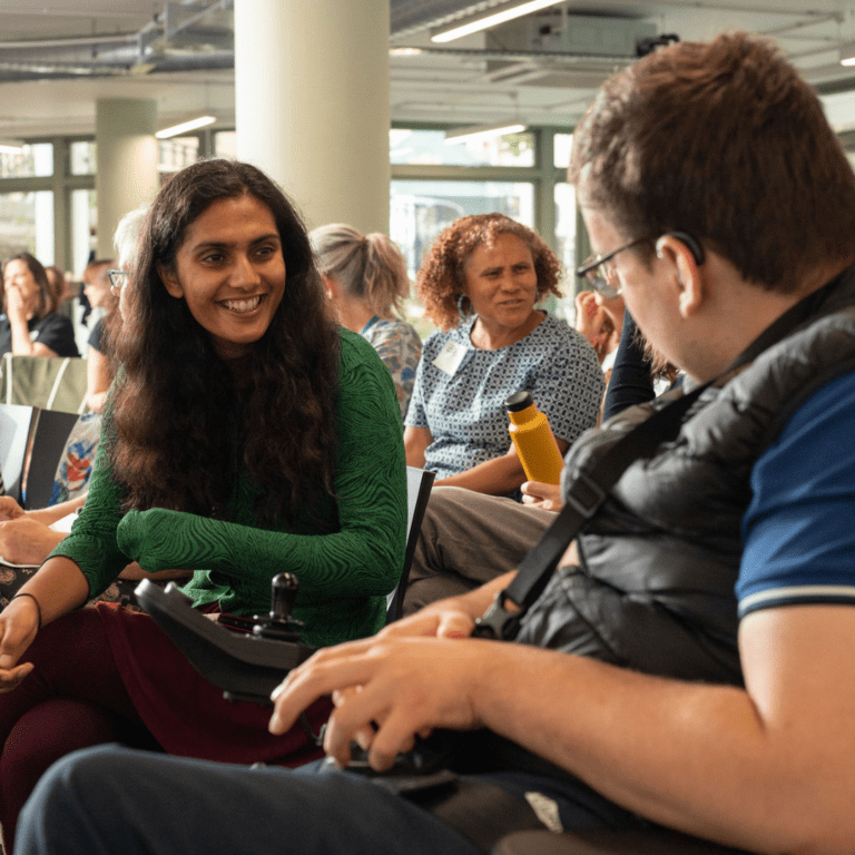 Two people talking to each other.