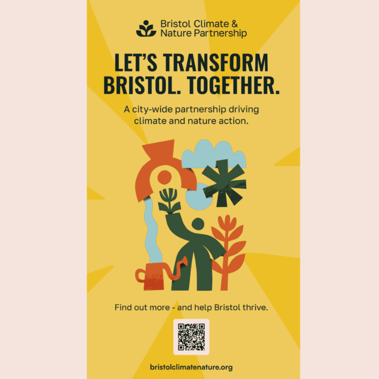 Copy of bus ad design, showing graphics of people and nature and words 'Let's Transform Bristol. Together