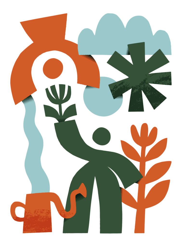 Graphic with people, plants, clouds