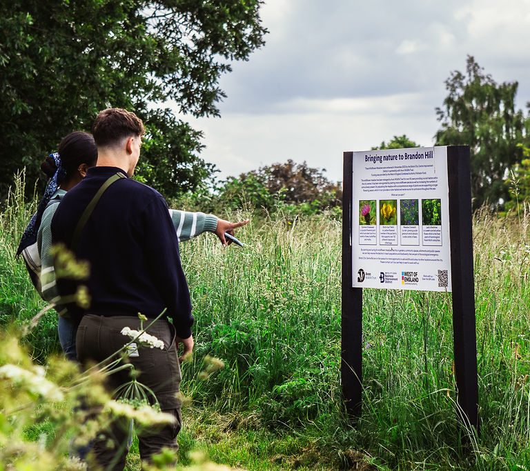 Two people standing in a green park looking at a sign.