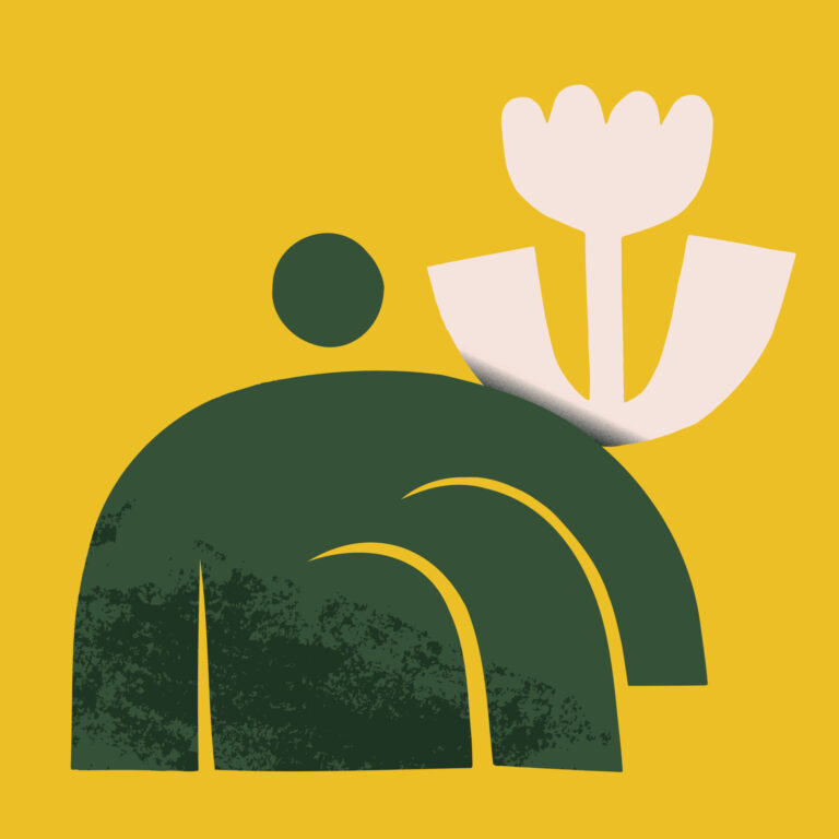 A simple illustration of a person sitting down next to a flower. The background is a vibrant yellow.