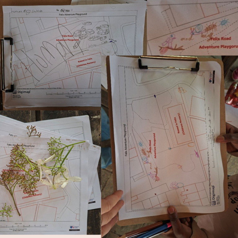 Image shows a collection of printed maps of Felix Road Playground with children's drawing and writing on them.