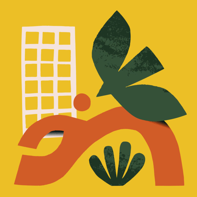 Graphic of person, bird and building