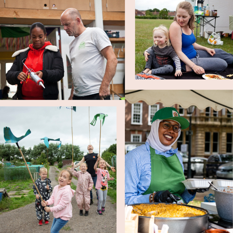 A collection of photographs. Top left show two people using a caulking gun. Top right shows an adult and child. Bottom left shows a group of children carrying homemade flags. Bottom right shows an adult smiling and serving food.